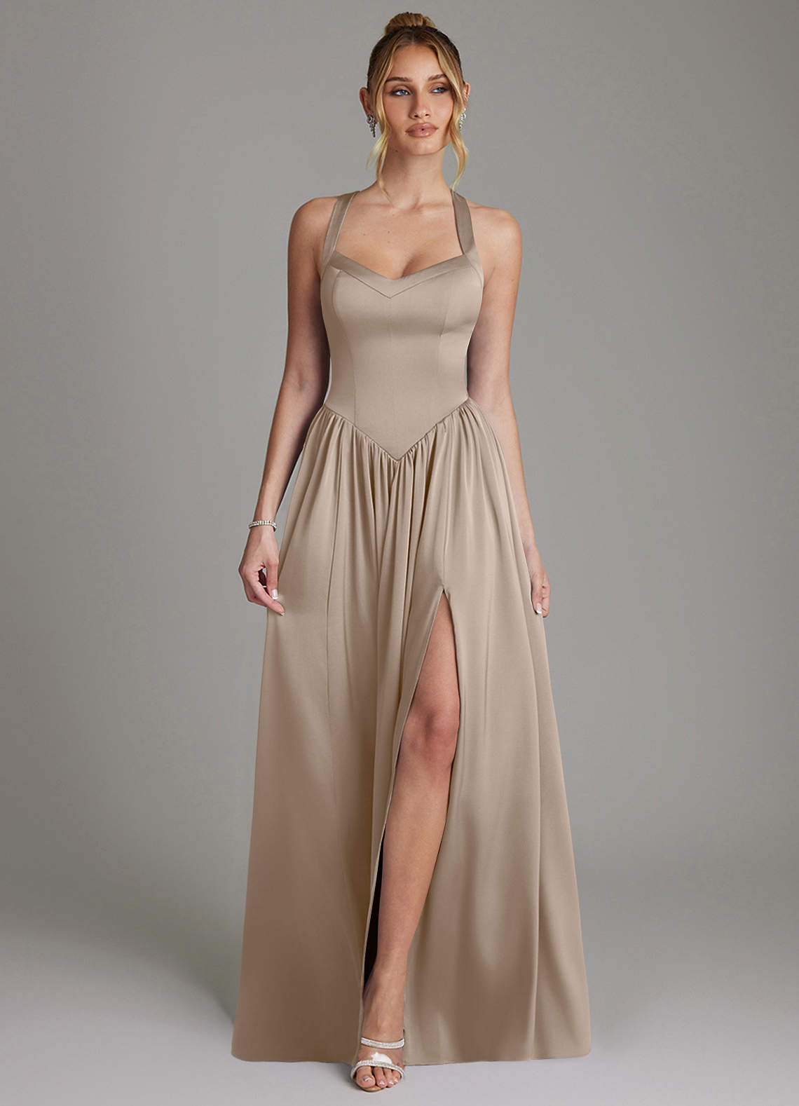 Francis A-Line V-Neck Stretch Satin Bridesmaid Dress in Taupe