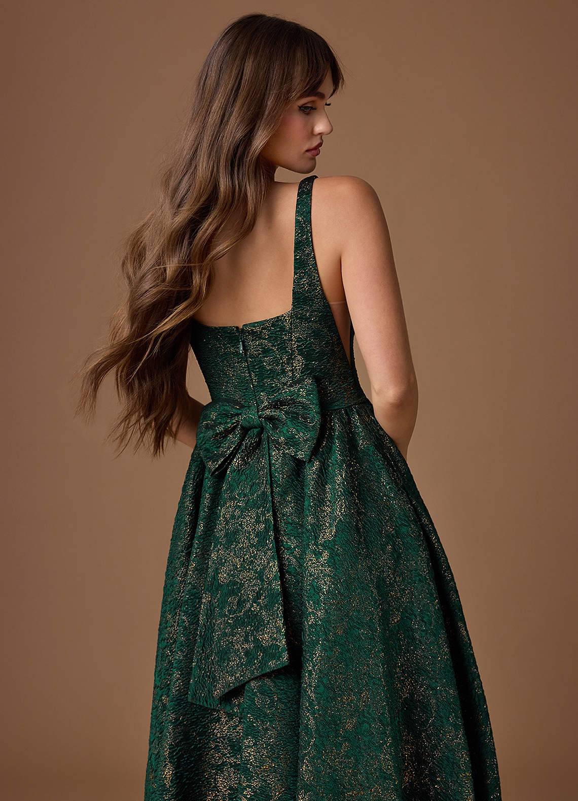 Bea A-Line Square-Neck Brocade Evening Dress in Gilded Emerald