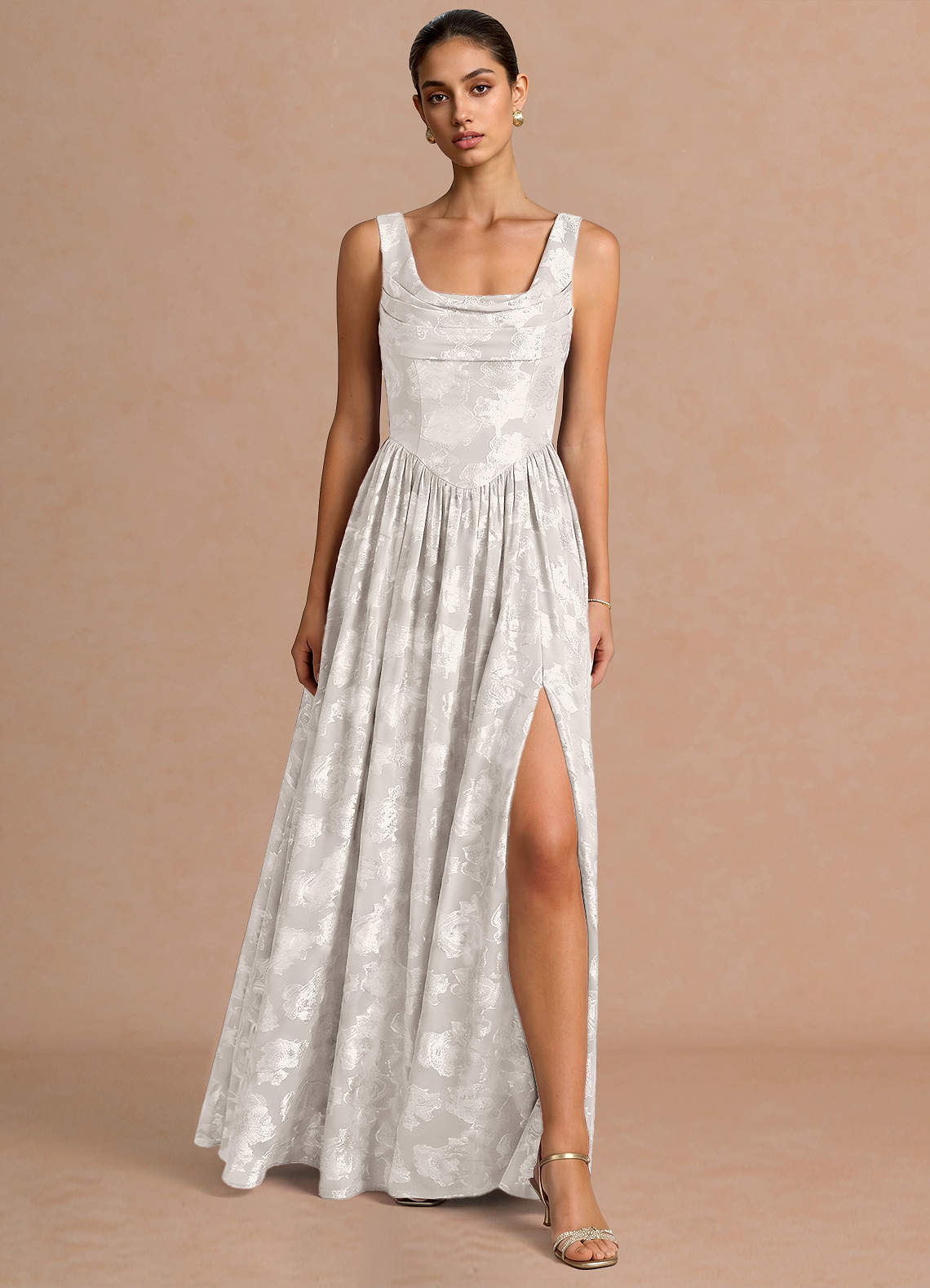 Novi A-Line Draped-Neck Floral Fil Coupé Evening Dress in Lemon Sorbet