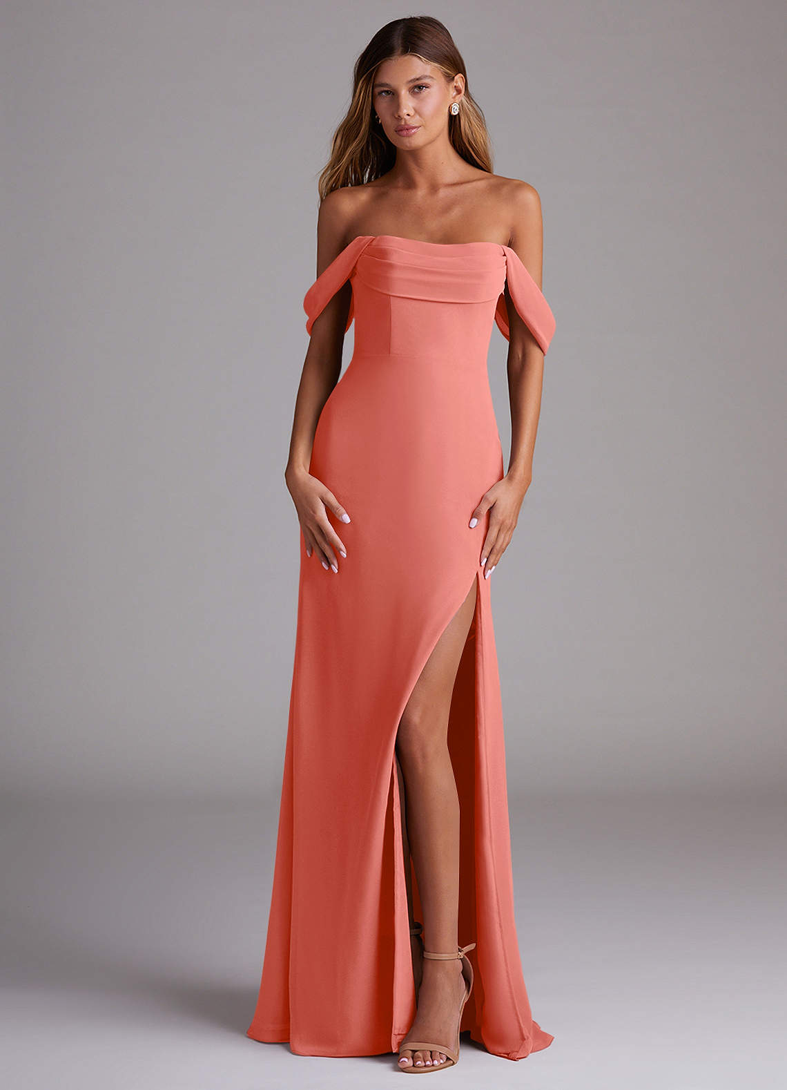 Saige A-Line Off-the-Shoulder Chiffon Bridesmaid Dress in Salmon Pink