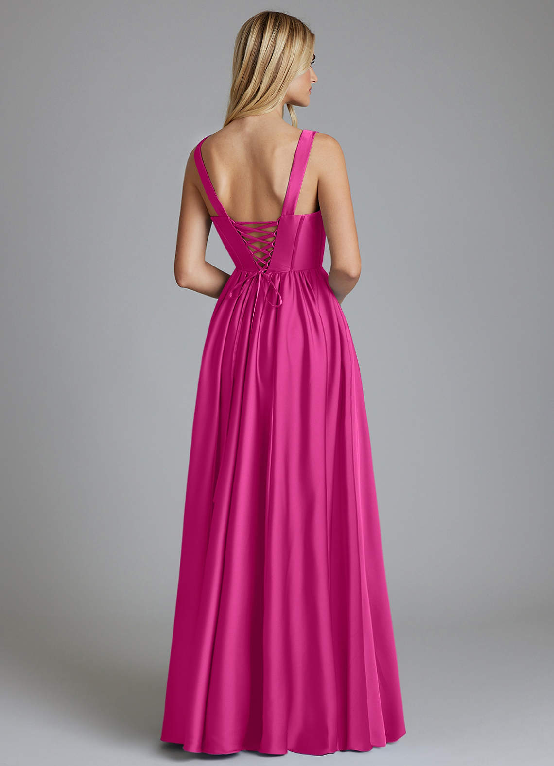 Delmie A-Line V-Neck Stretch Satin Bridesmaid Dress in Fuchsia