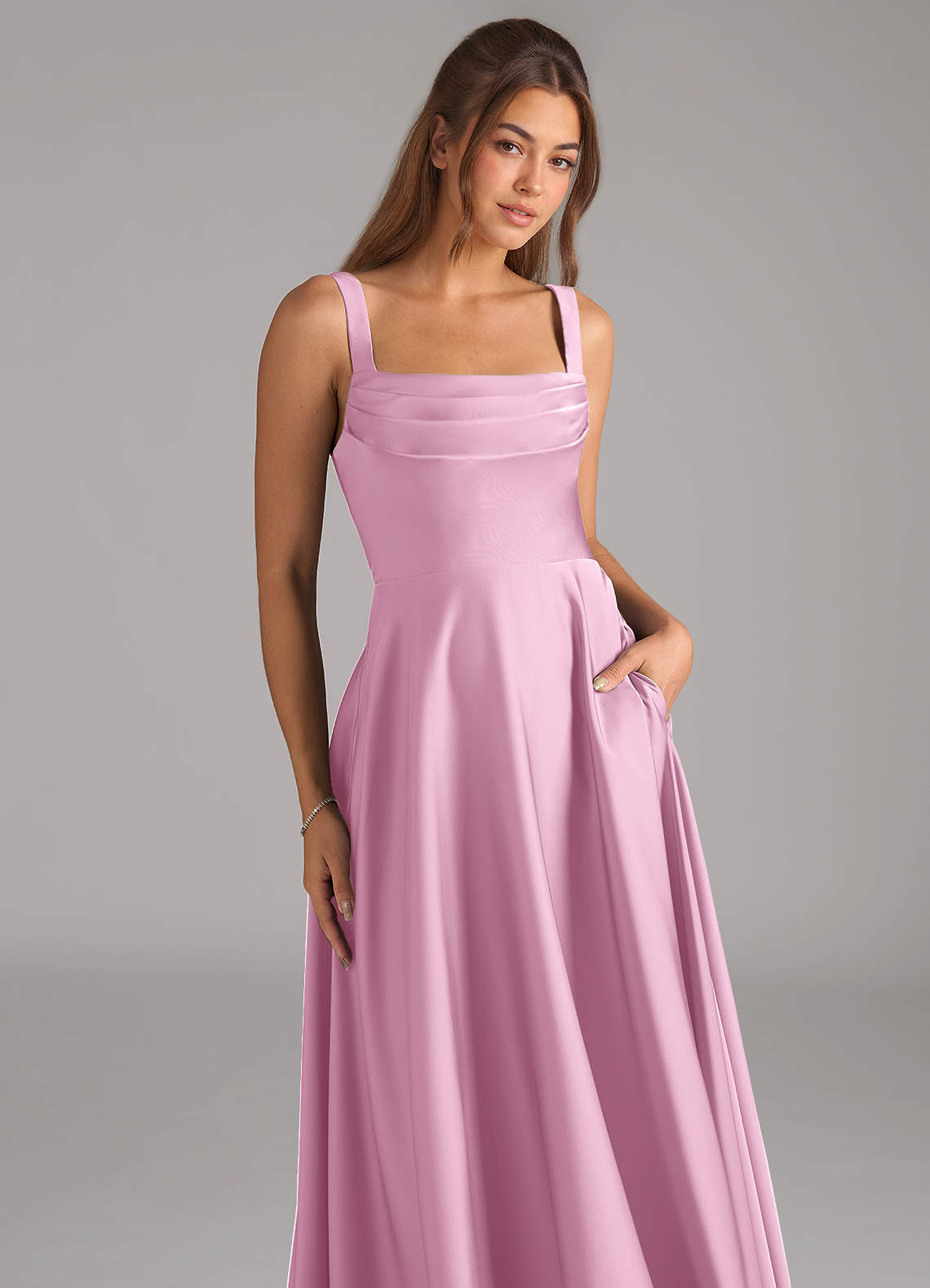 Shaude A-Line Square-Neck Stretch Satin Bridesmaid Dress in candy pink
