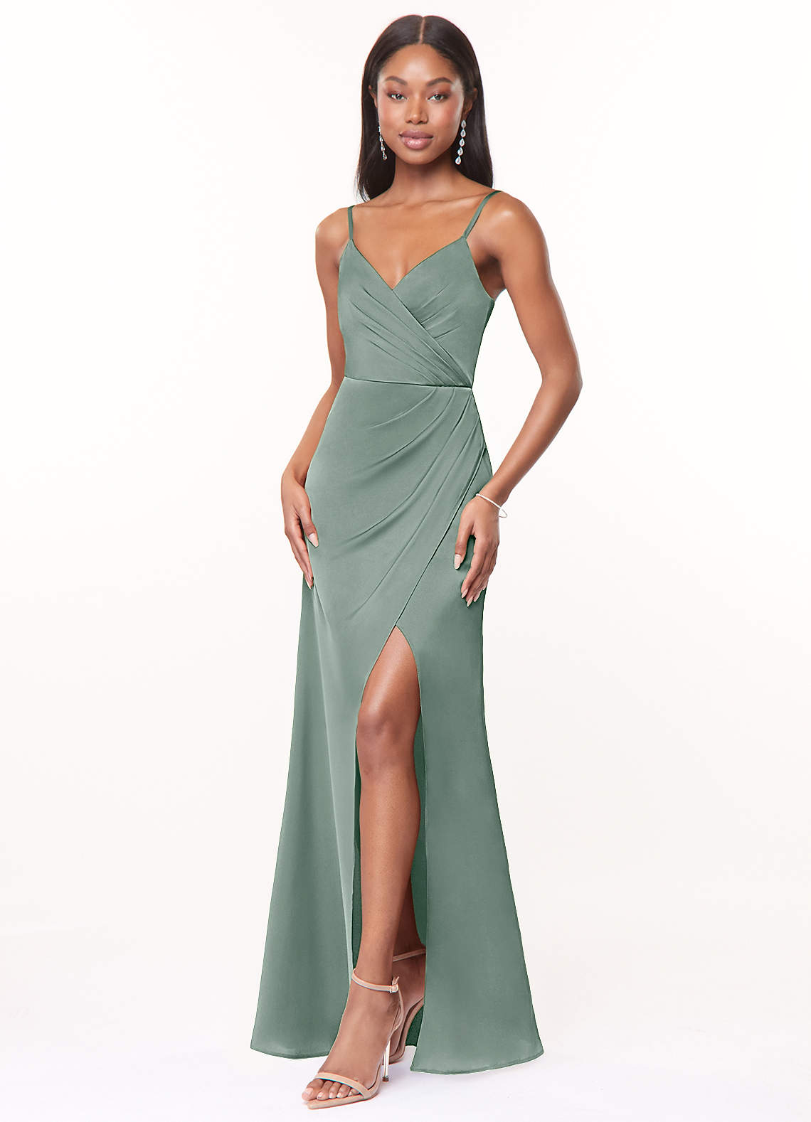 Maci A-Line V-Neck Stretch Satin Bridesmaid Dress in Silver Sage