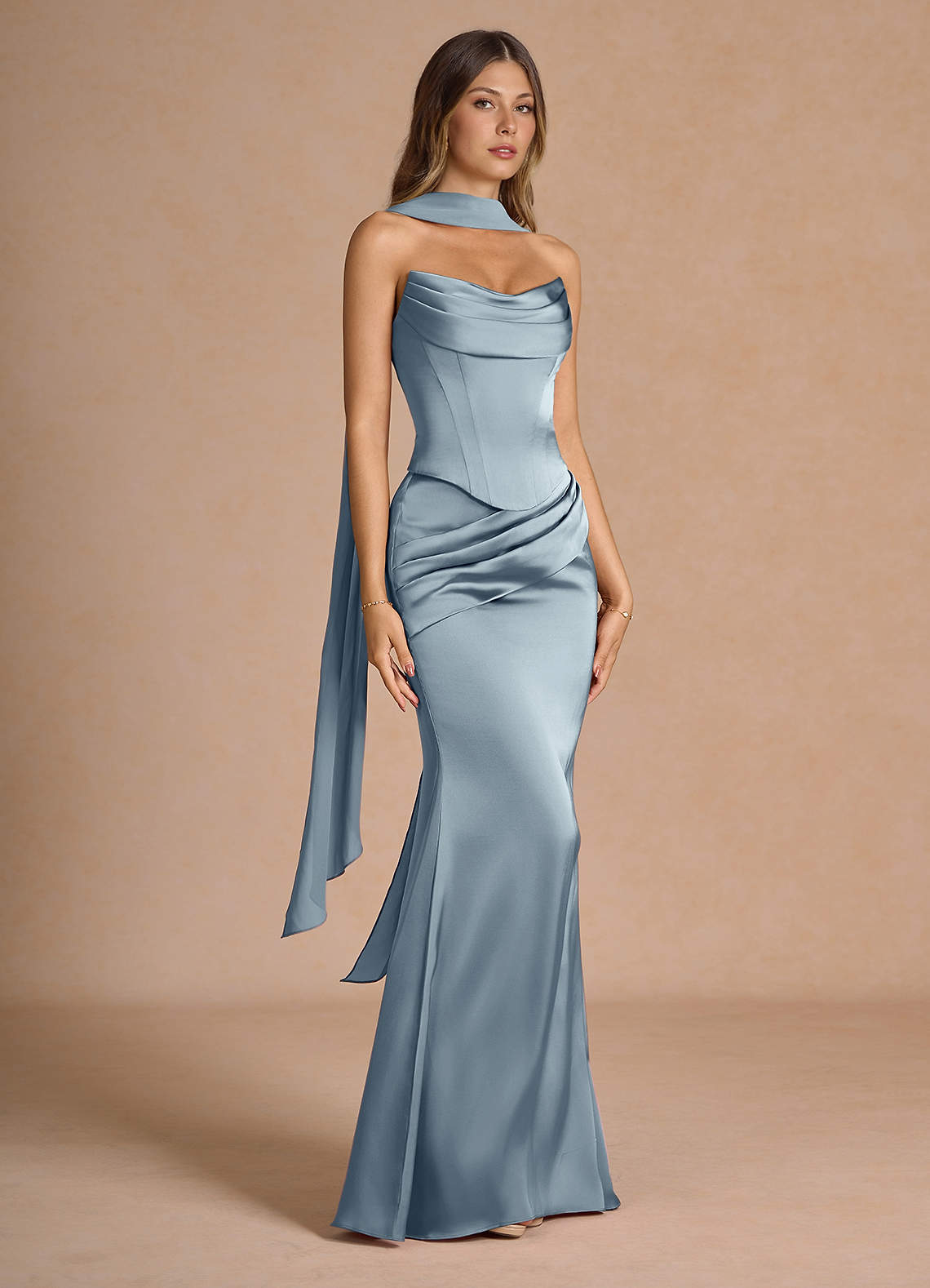 Sorrel Mermaid Corset Stretch Satin Evening Set in Powder Blue