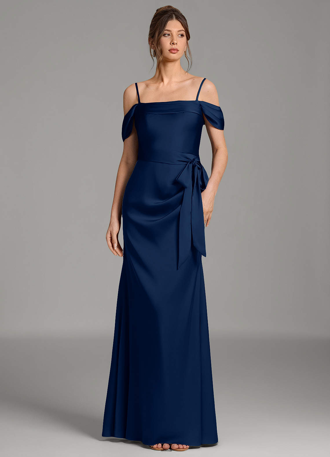 Wyatt Mermaid Off-the-Shoulder Stretch Satin Bridesmaid Dress in Dark Navy