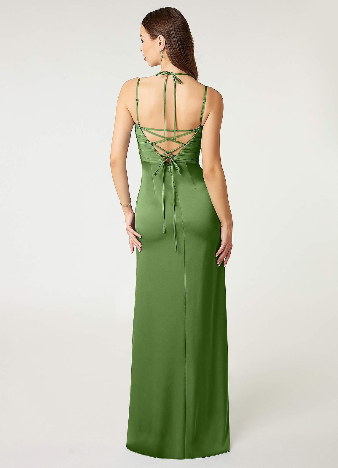Desi Sheath Halter Stretch Satin Bridesmaid Dress in Basil