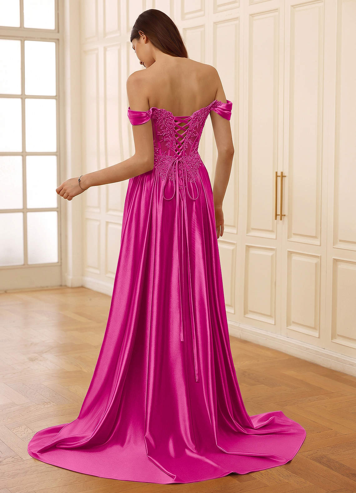 Rowane A-Line Off-the-Shoulder Satin Evening Dress in Magenta