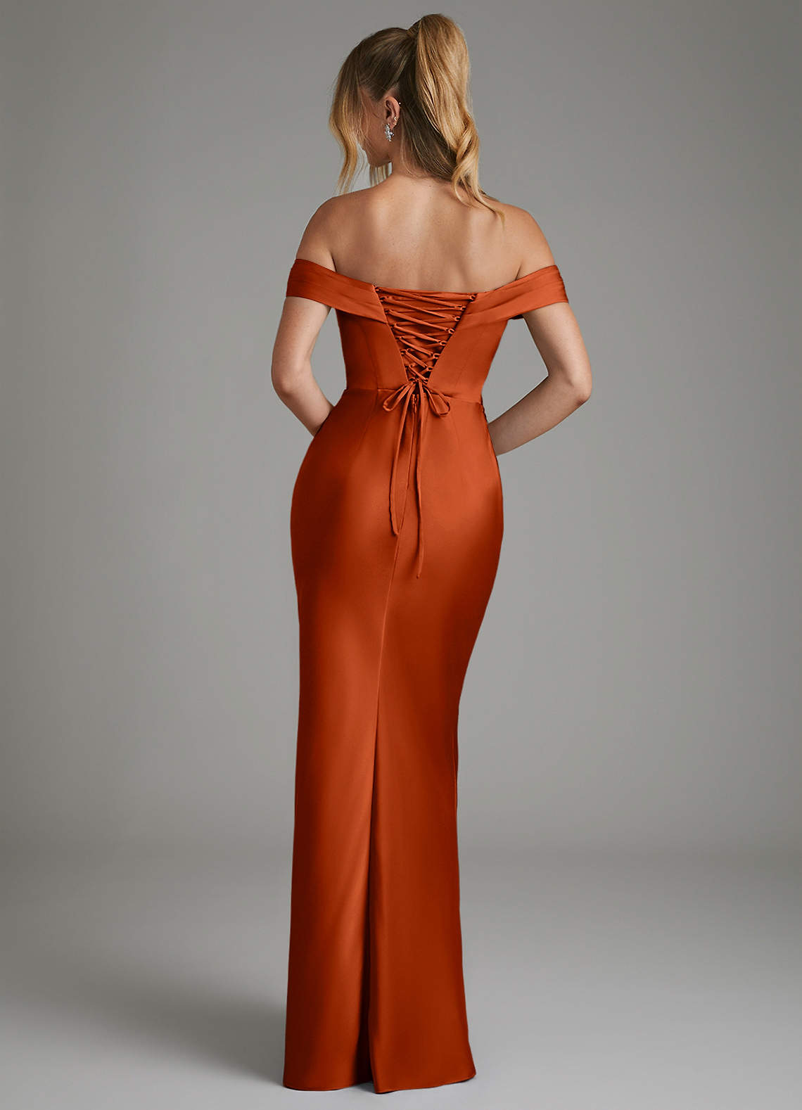 Hayden Mermaid Off-the-Shoulder Stretch Satin Bridesmaid Dress in Paprika