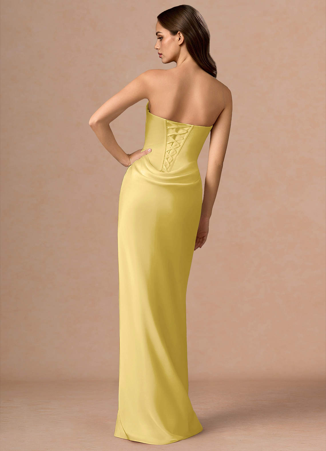 Valencia Scarf Lace-Up Stretch Satin Evening Dress in Pastel Yellow