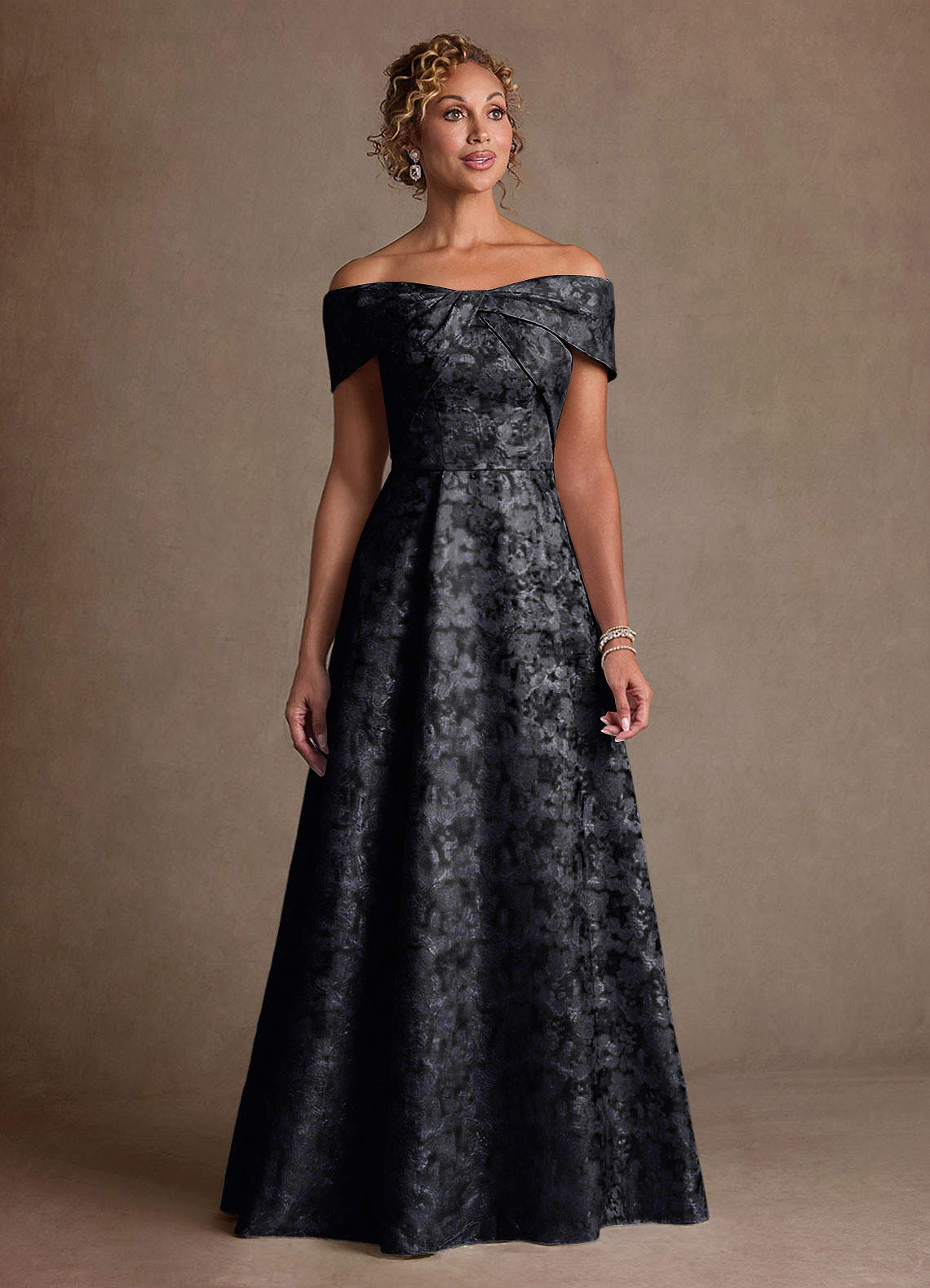 Harriett A-Line Off-the-Shoulder Jacquard Mother of the Bride Dress in black