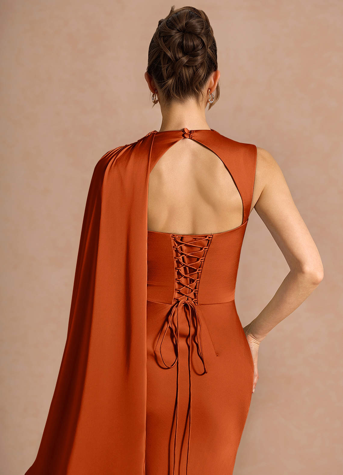 Chesney Cape-Sleeve Pleated Stretch Satin Wedding Guest Dress in Rust