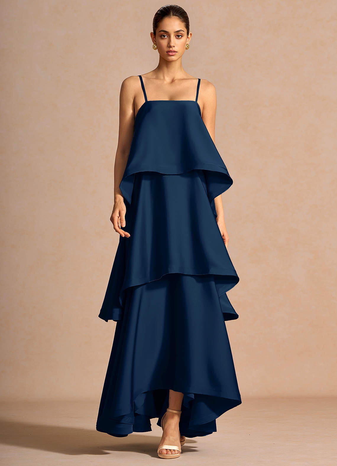Itasca A-Line Tiered Stretch Satin Wedding Guest Dress in Lemon Green