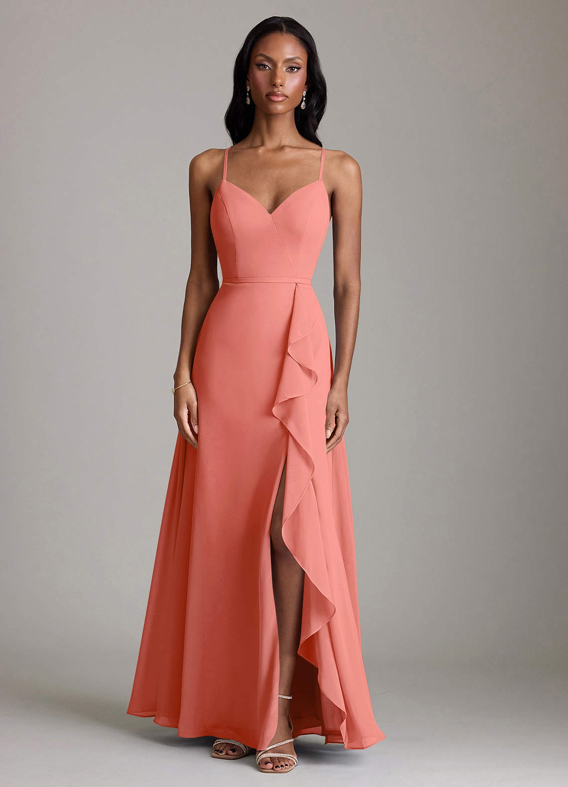 Naeem A-Line V-Neck Chiffon Bridesmaid Dress in Salmon Pink