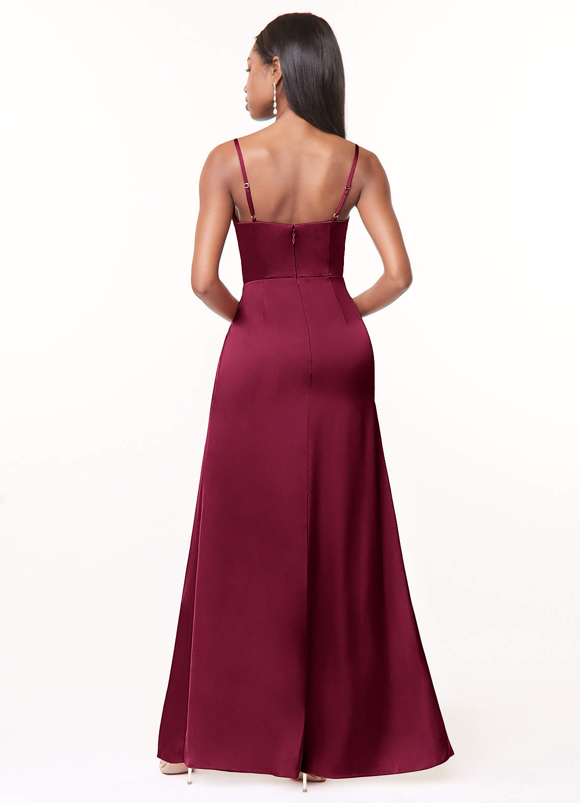 Maci A-Line V-Neck Stretch Satin Bridesmaid Dress in Burgundy