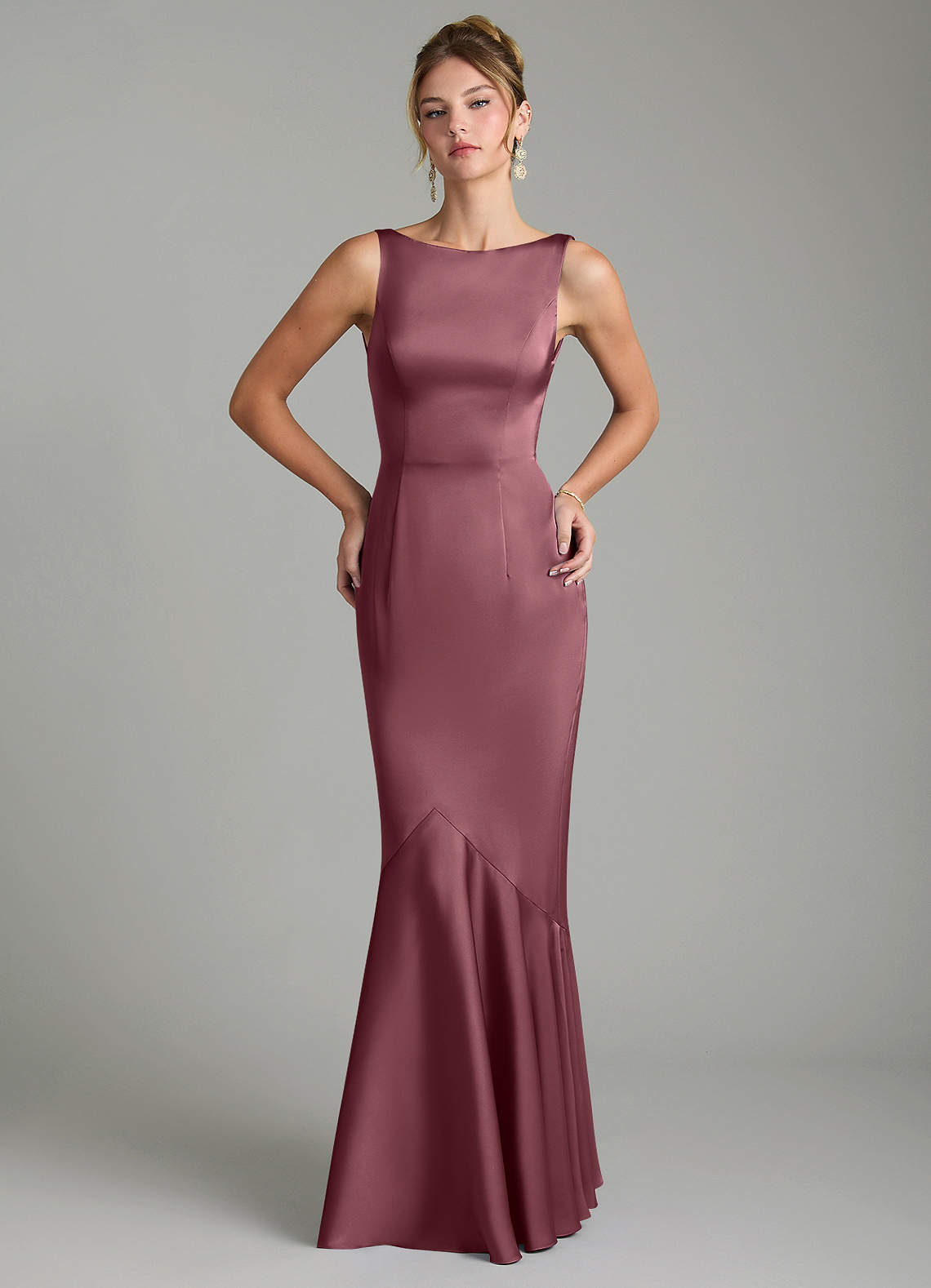 Tamera Mermaid Boat-Neck Stretch Satin and Chiffon Bridesmaid Dress in Desert Rose