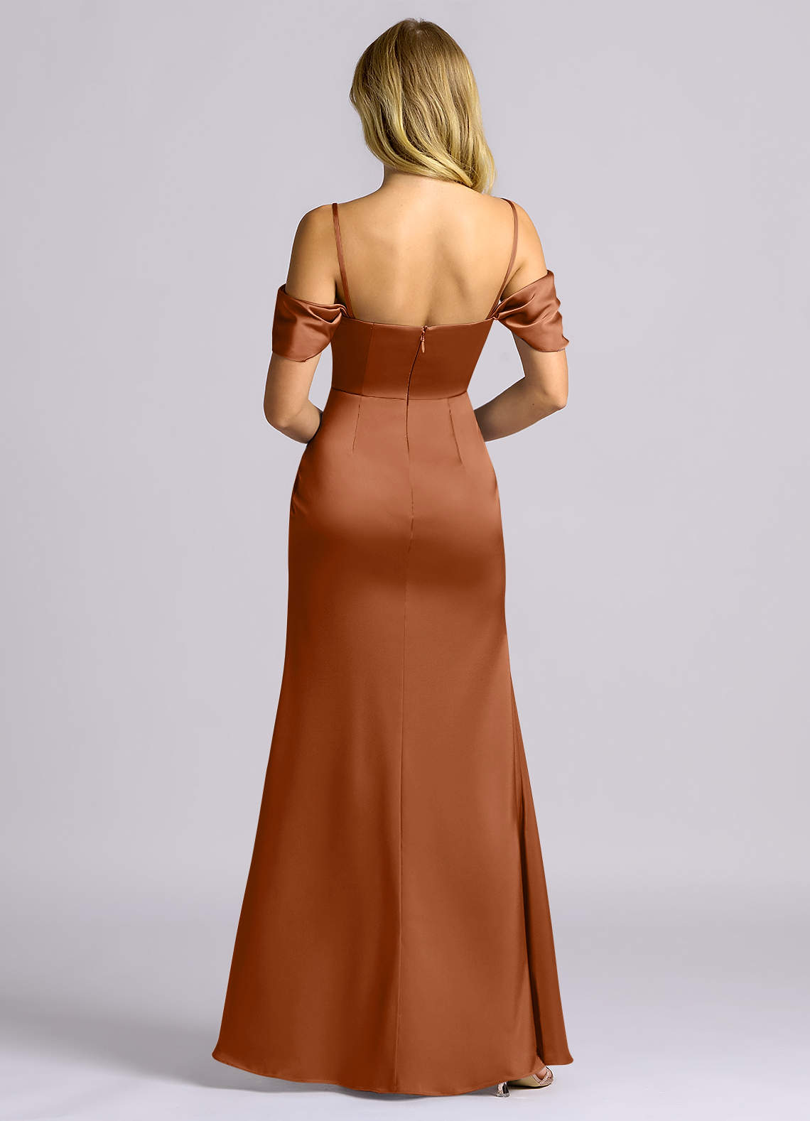 Auden Sheath Off-the-Shoulder Stretch Satin Bridesmaid Dress in Copper
