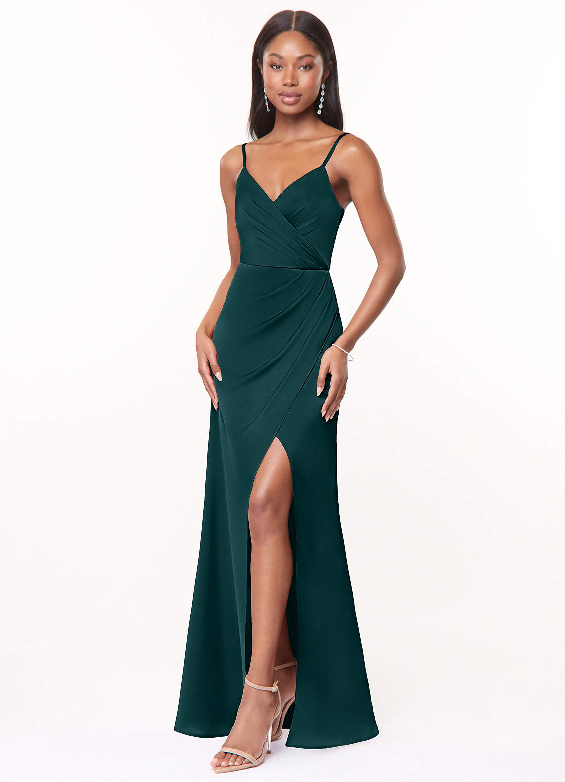 Maci A-Line V-Neck Stretch Satin Bridesmaid Dress in Pine