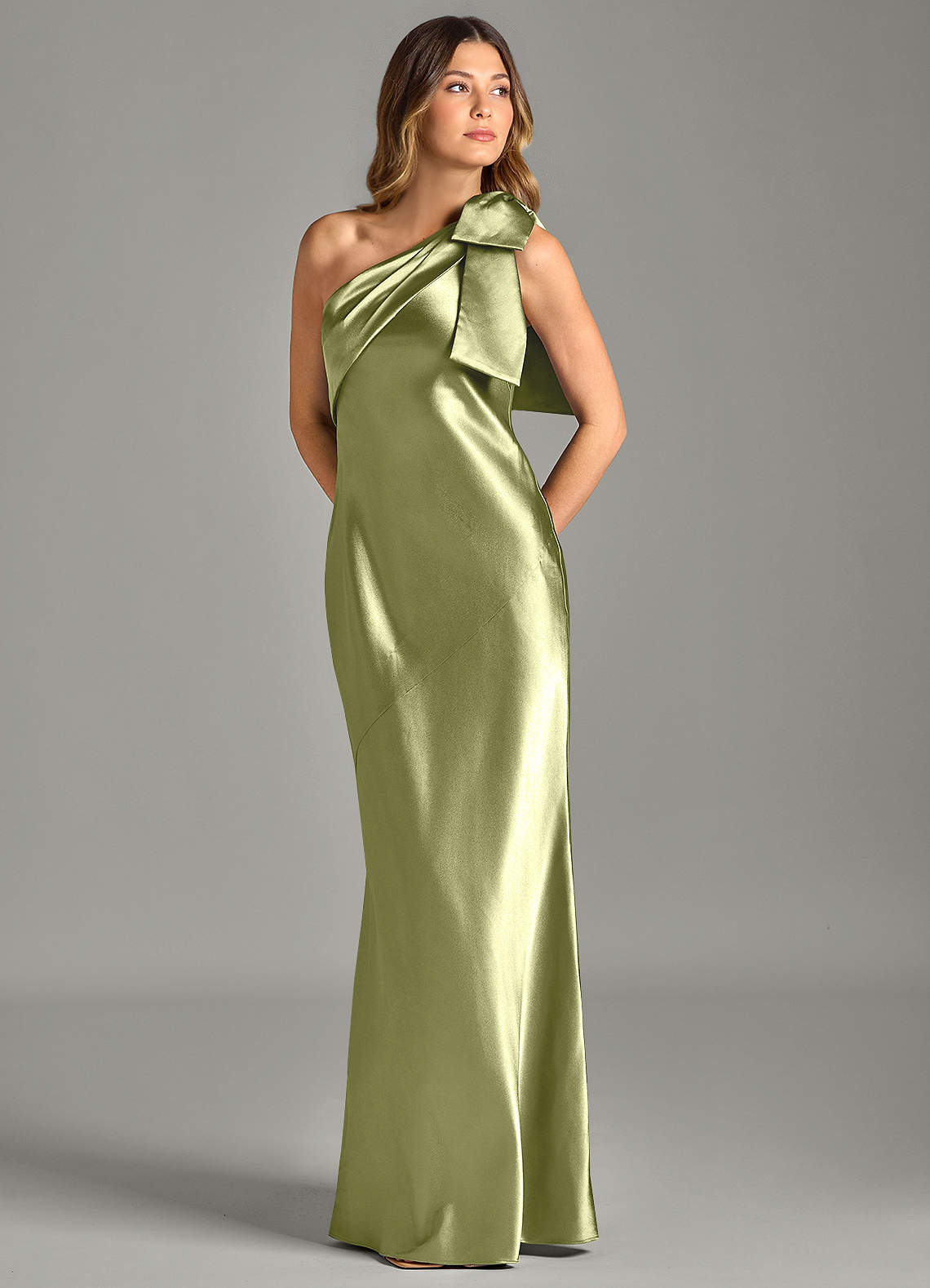 Yuanna Mermaid One-Shoulder Metallic Satin Bridesmaid Dress in Pistachio