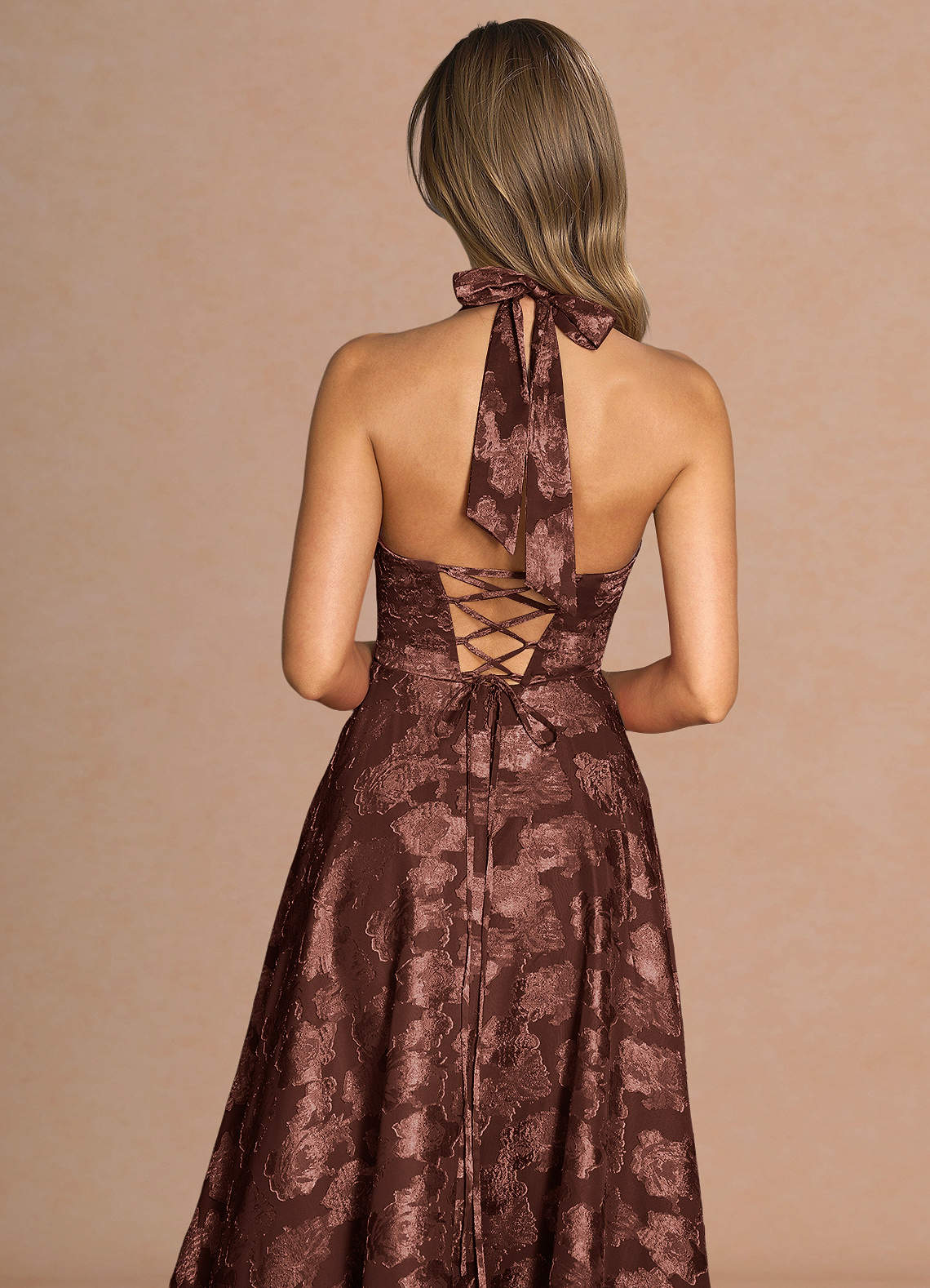 Isabeau A-Line V-Neck Fil Coupé Evening Dress in Mocha Coco