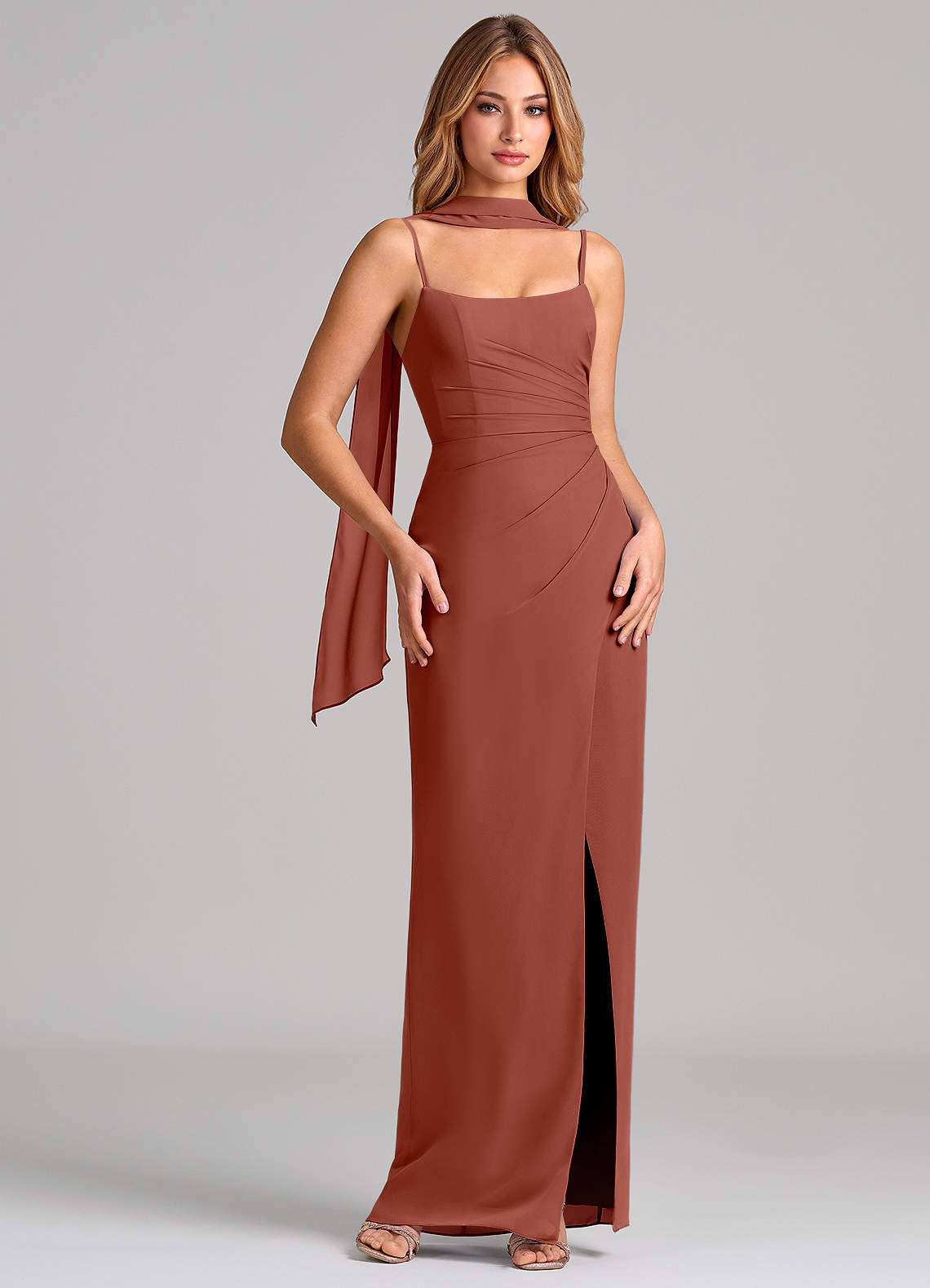 Calandra Sheath Scoop-Neck Chiffon Bridesmaid Dress in Auburn