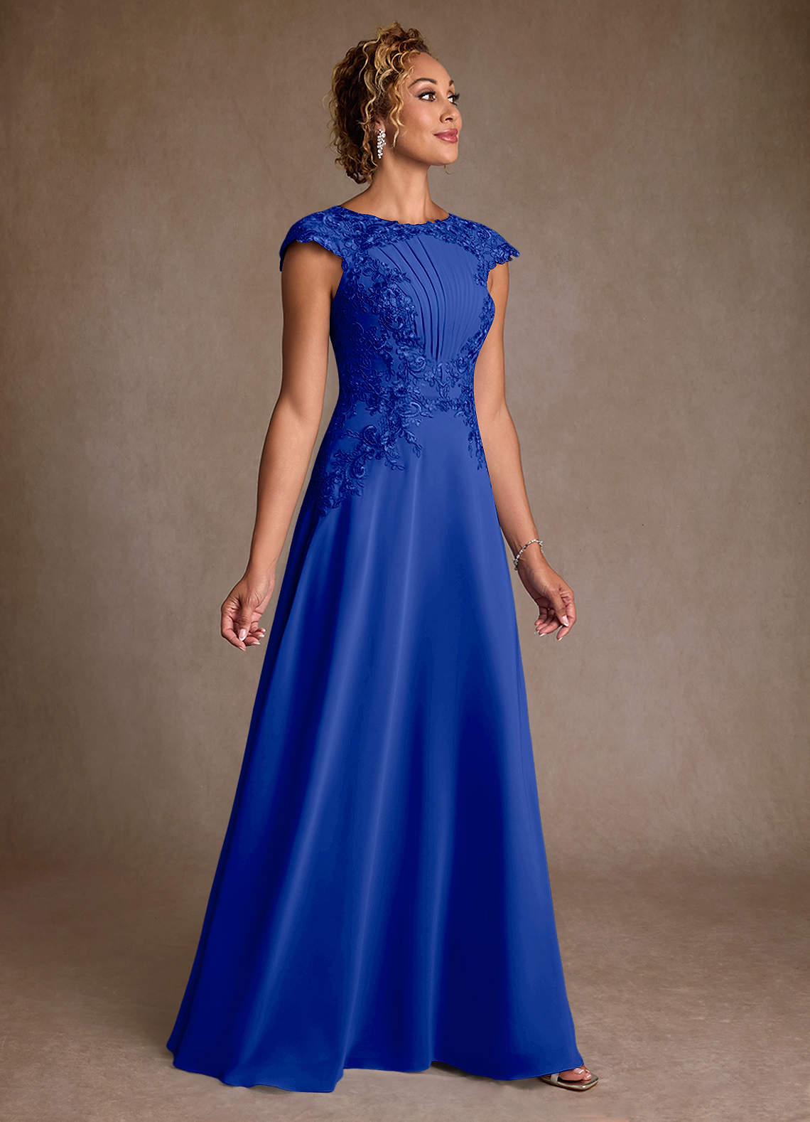 Christi A-Line Scoop-Neck Chiffon and Lace Mother of the Bride Dress in Royal Blue