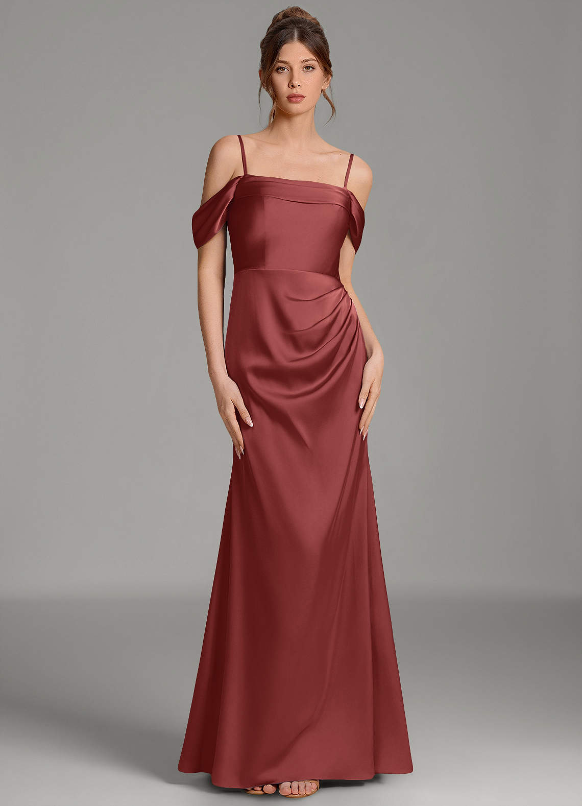 Wyatt Mermaid Off-the-Shoulder Stretch Satin Bridesmaid Dress in Terracotta