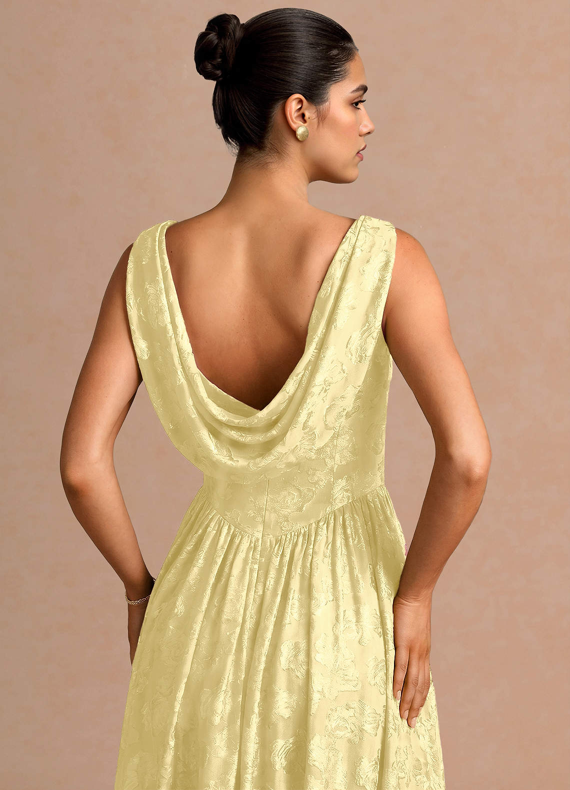Novi A-Line Draped-Neck Floral Fil Coupé Evening Dress in Lemon Sorbet