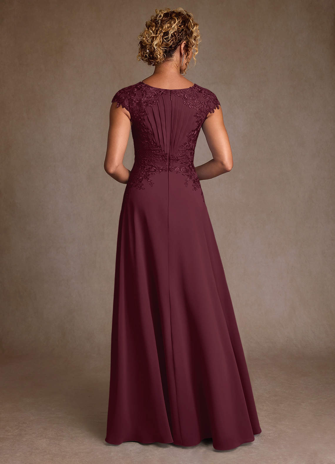 Christi A-Line Scoop-Neck Chiffon and Lace Mother of the Bride Dress in Cabernet