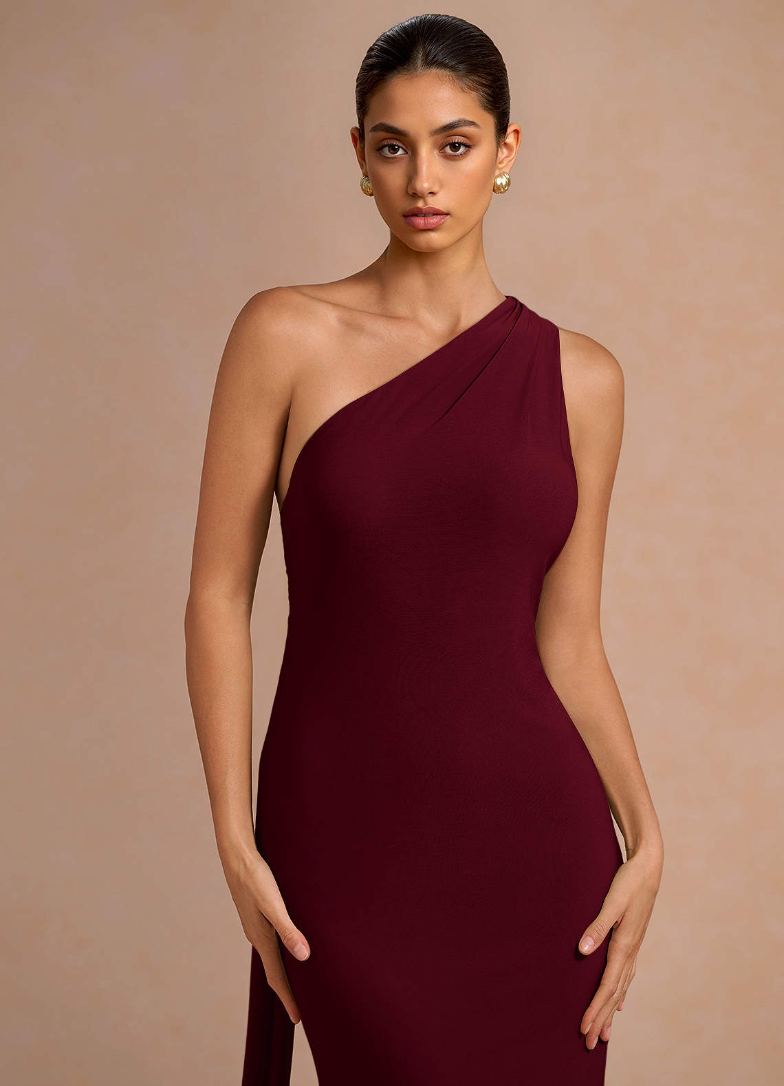 Miliani Sheath Neck-Tie Stretch Knit Evening Dress in Merlot