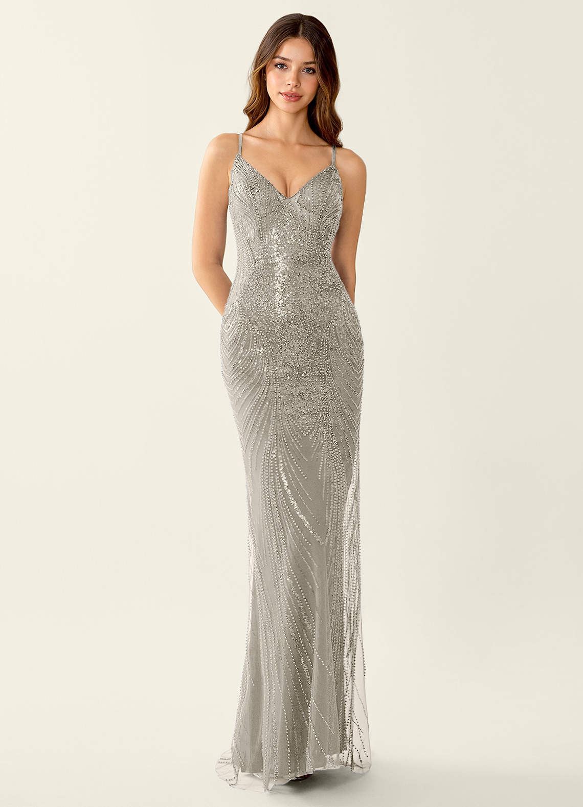 Magnolia Mermaid Beaded Sequined Stretch Mesh Evening Dress in Silver