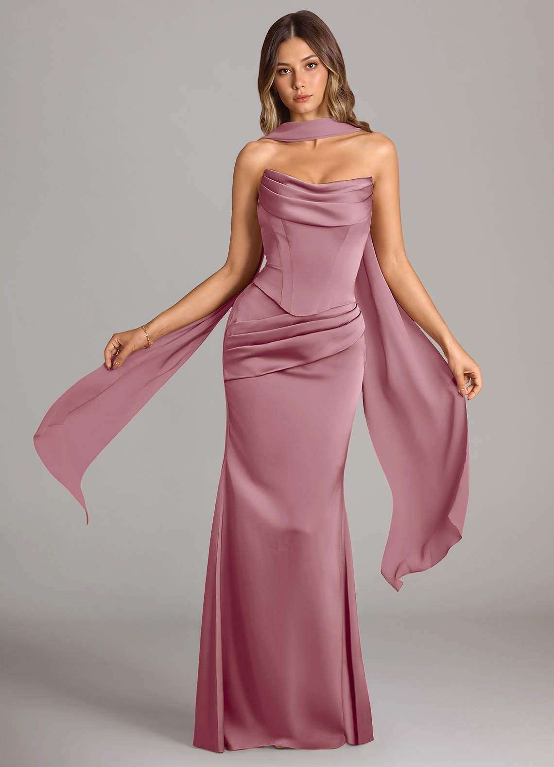 Sorrel Mermaid Cowl-Neck Stretch Satin and Chiffon Bridesmaid Dress in Vintage Mauve