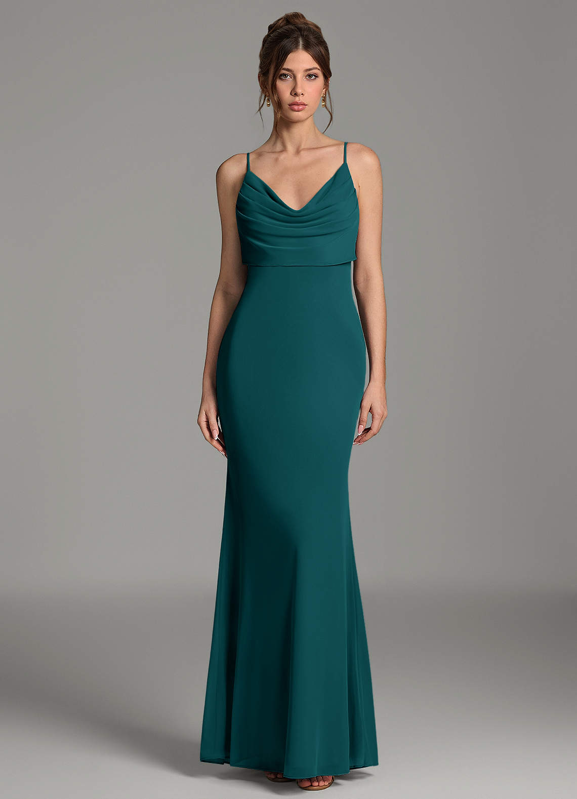 Zari Mermaid Cowl-Neck Mesh Bridesmaid Dress in Peacock