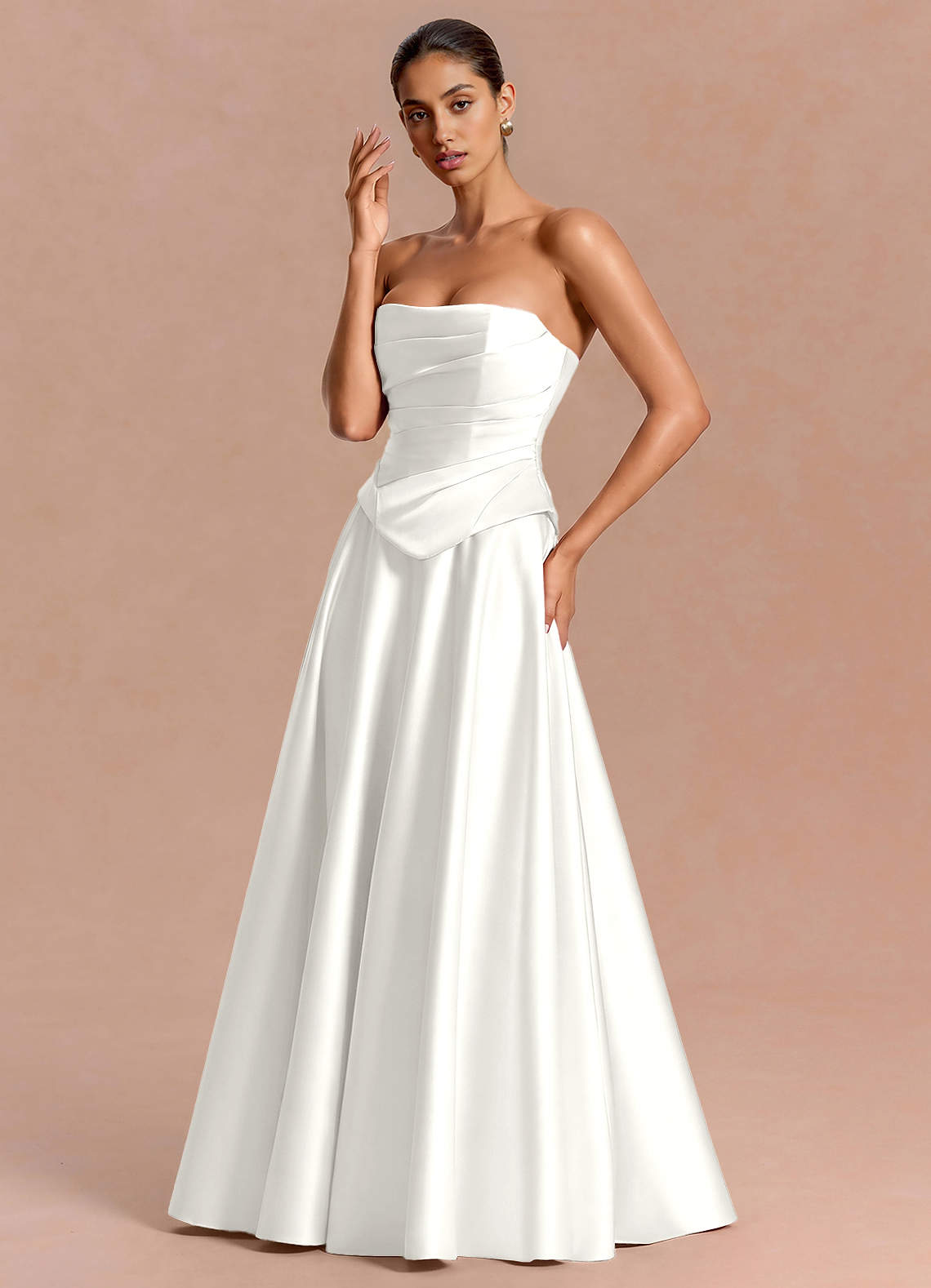 Eponine A-Line Pleated Stretch Satin Evening Dress in White