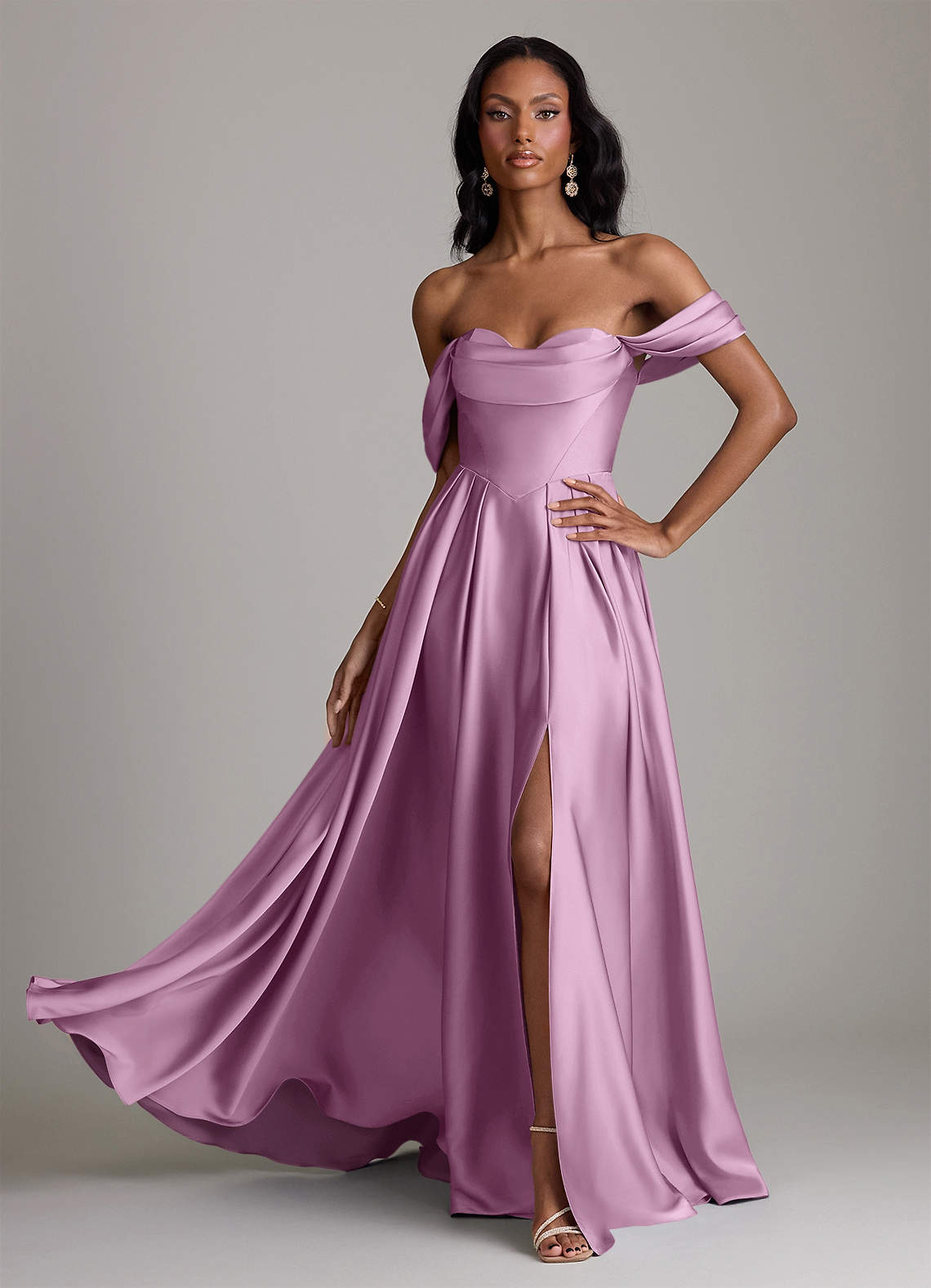 Loisa A-Line Off-the-Shoulder Stretch Satin Bridesmaid Dress in Wisteria