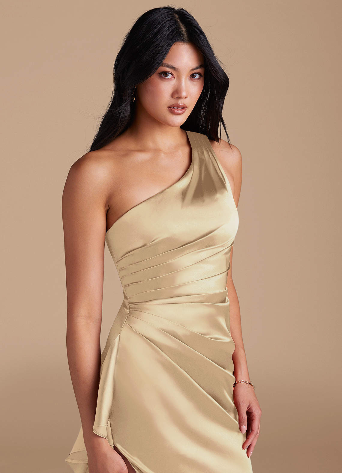 Latrice Sheath One-Shoulder Metallic Satin Bridesmaid Dress in Champagne