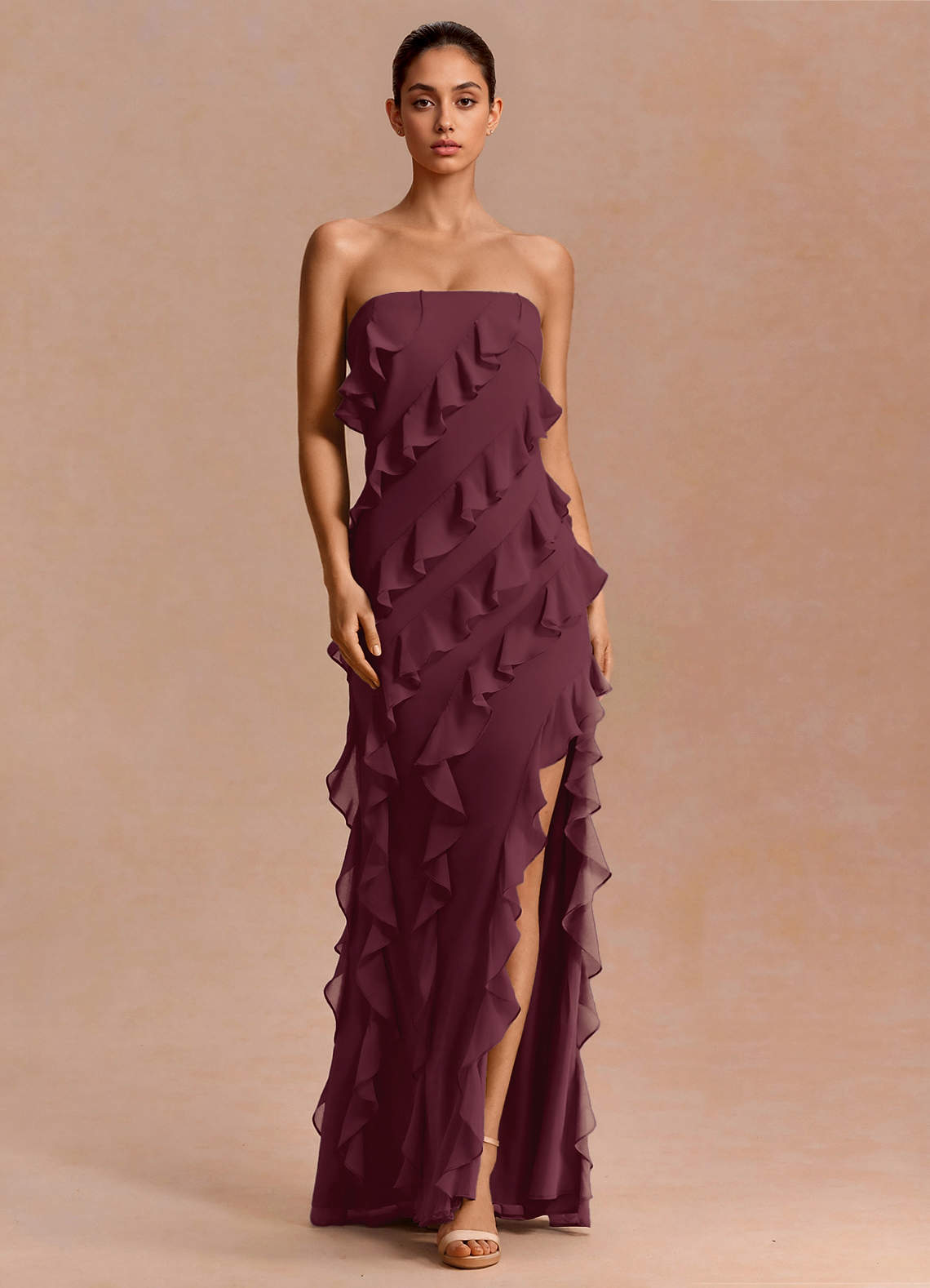 Eira A-Line Ruffle Chiffon Evening Dress in Truffle