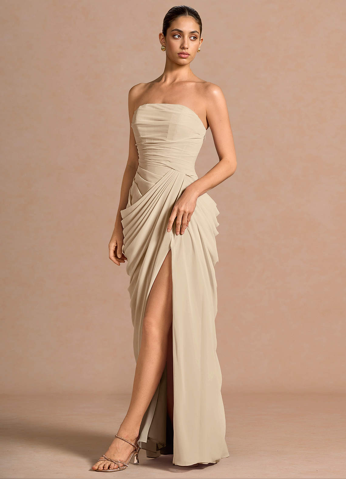 Kaavia Column Pleated Chiffon Maxi Evening Dress in Champagne