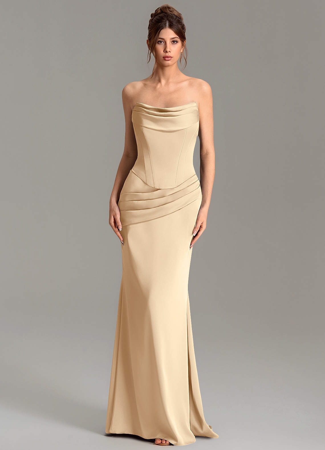 Adrienne Mermaid Cowl-Neck Stretch Satin Bridesmaid Dress in Champagne