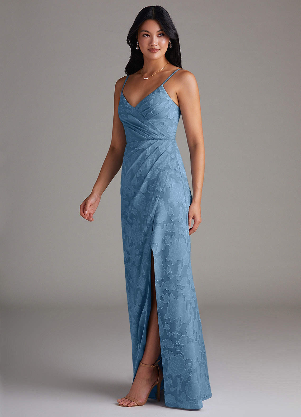 Maci Sheath V-Neck Floral Burnout Bridesmaid Dress in Steel Blue