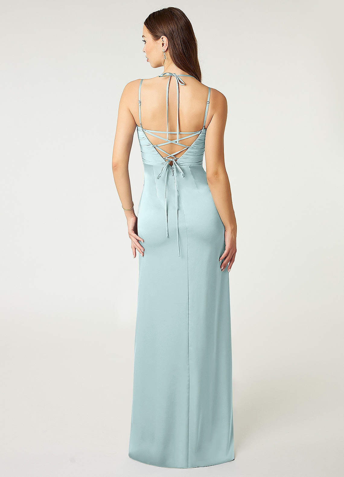 Desi Sheath Halter Stretch Satin Bridesmaid Dress in Sea Glass