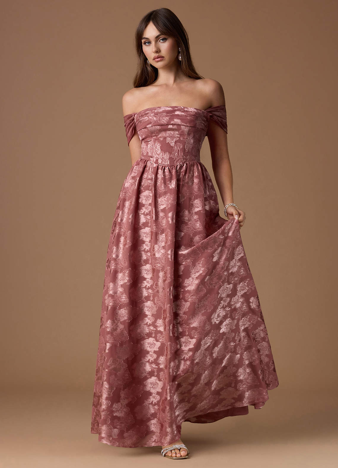 Hazel A-Line Cowl-Neck Fil Coupé Wedding Guest Dress in Vintage Rose