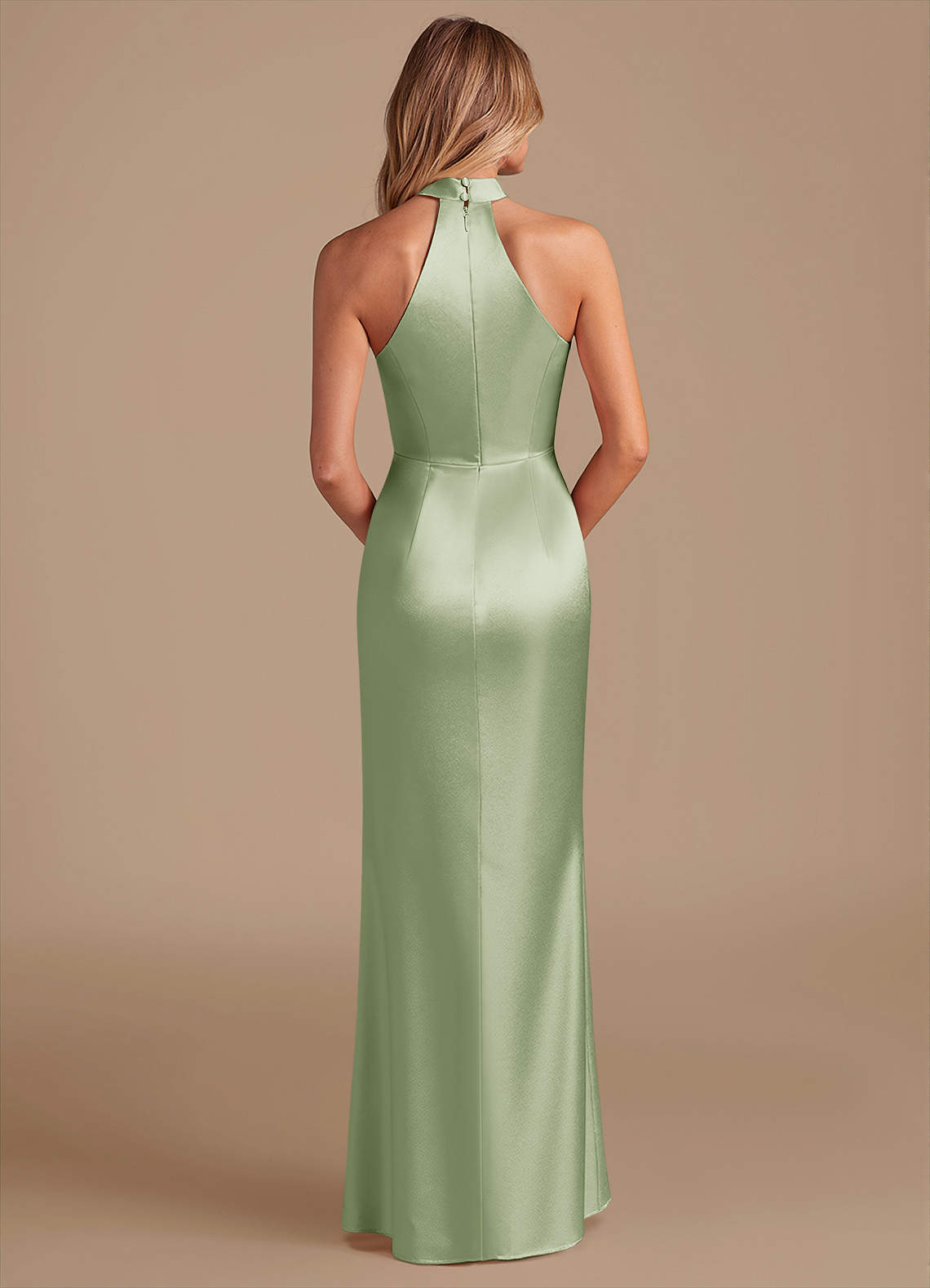 Karlotta Sheath Halter-Neck Metallic Satin Bridesmaid Dress in Dusty Sage