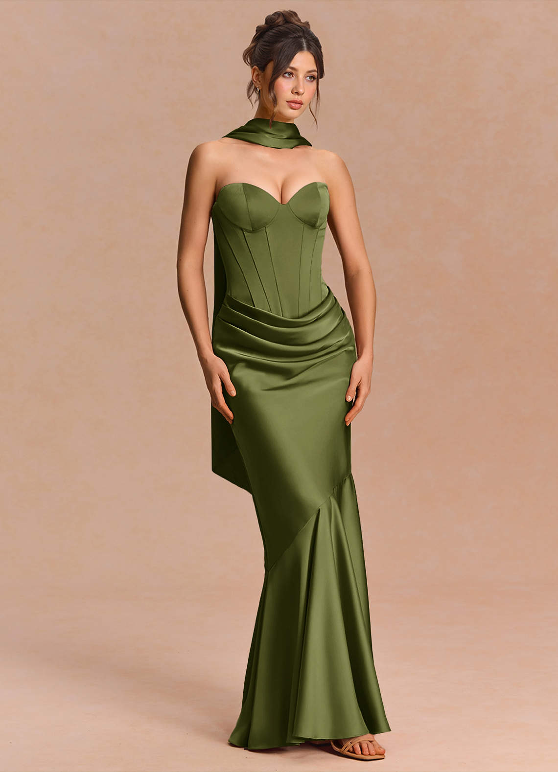Euphemia Mermaid Strapless Stretch Satin Evening Dress in Olive