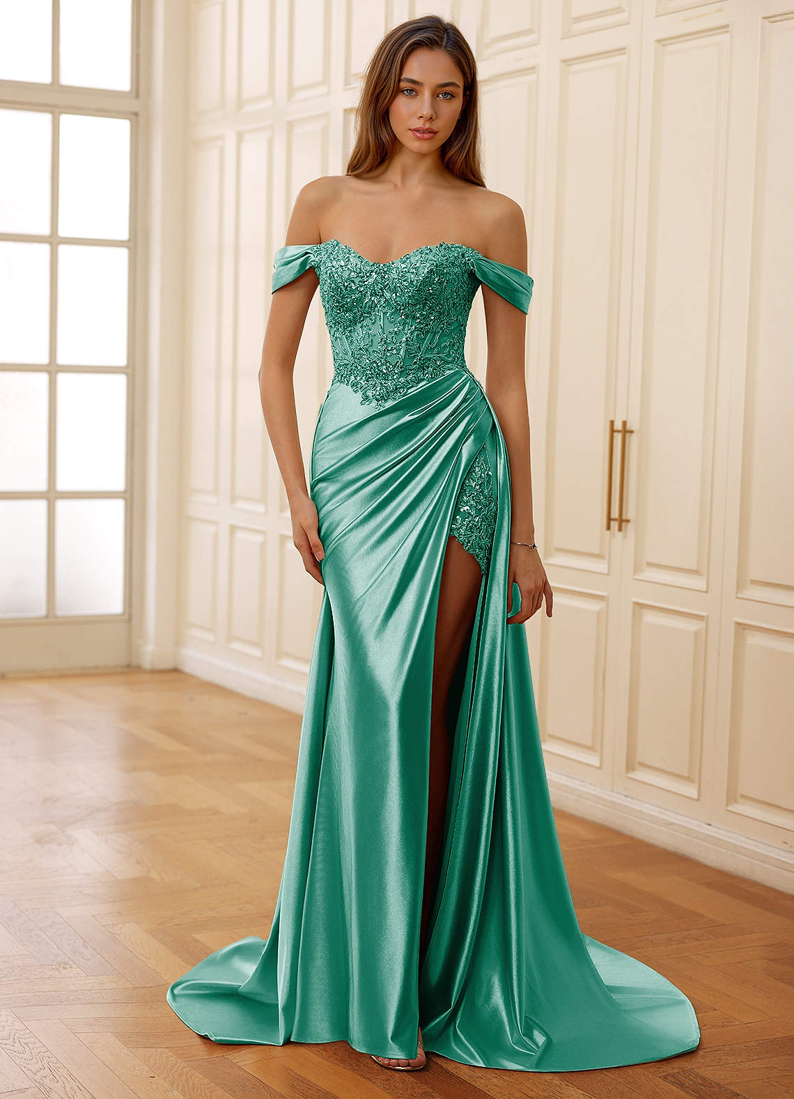 Rowane A-Line Off-the-Shoulder Satin Evening Dress in Basil