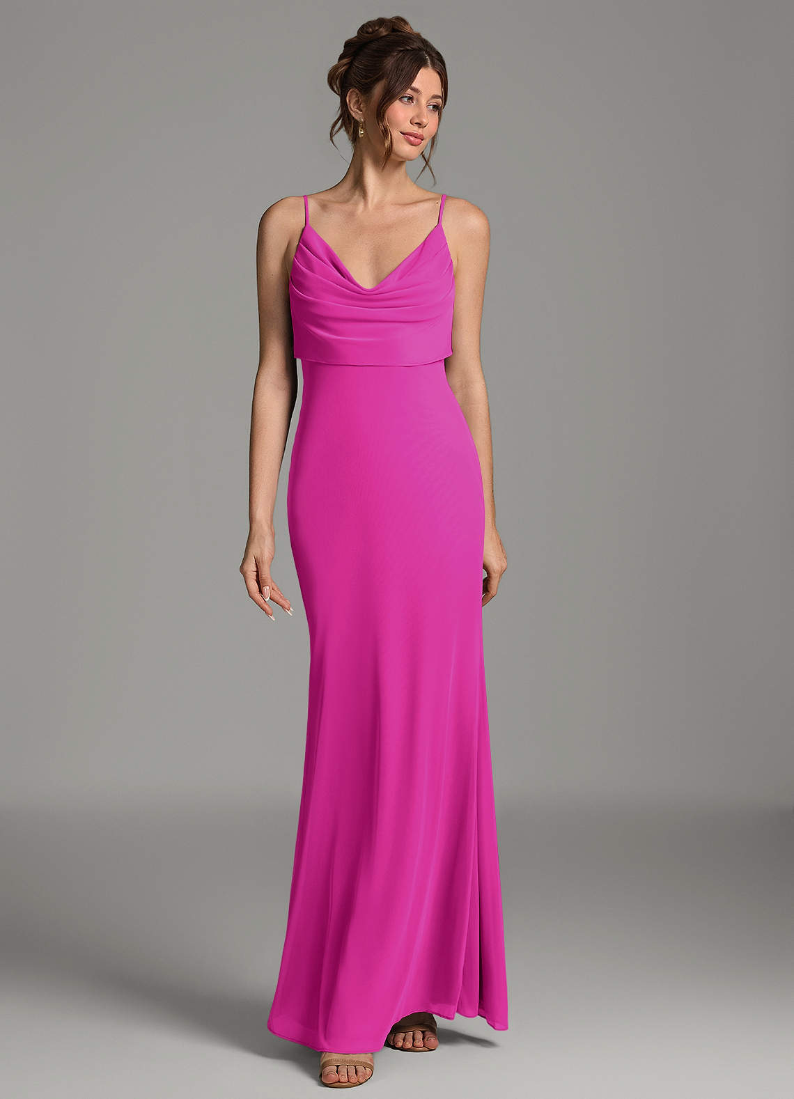 Zari Mermaid Cowl-Neck Mesh Bridesmaid Dress in Fuchsia