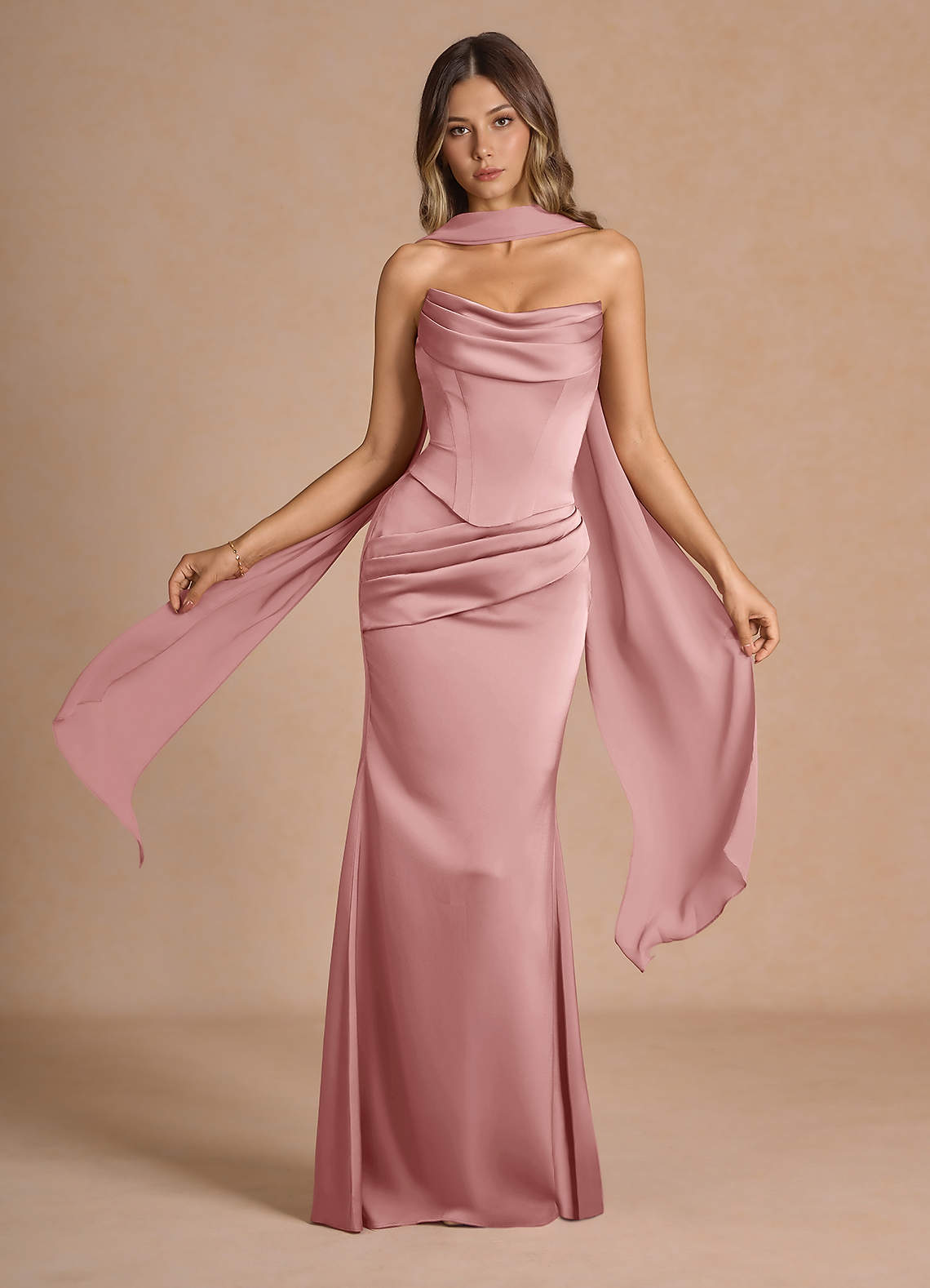 Sorrel Mermaid Corset Stretch Satin Evening Set in Haze Pink