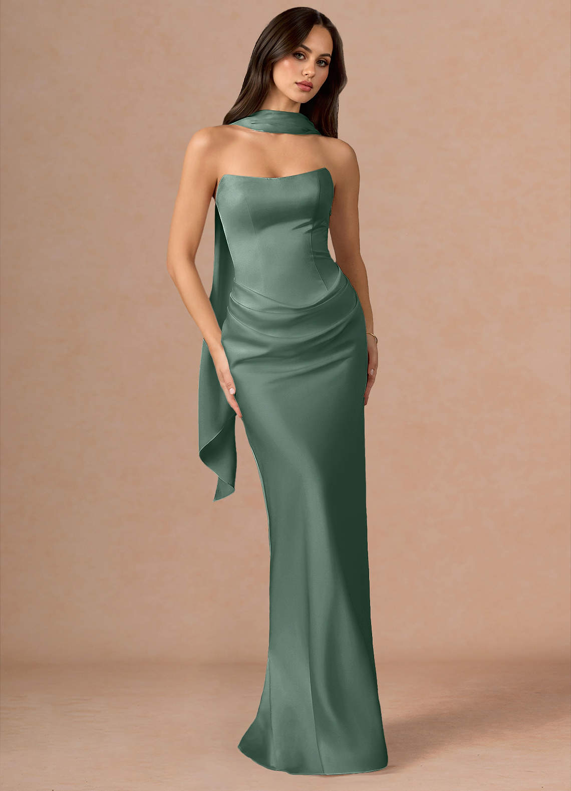 Valencia Scarf Lace-Up Stretch Satin Evening Dress in Dusty Blue