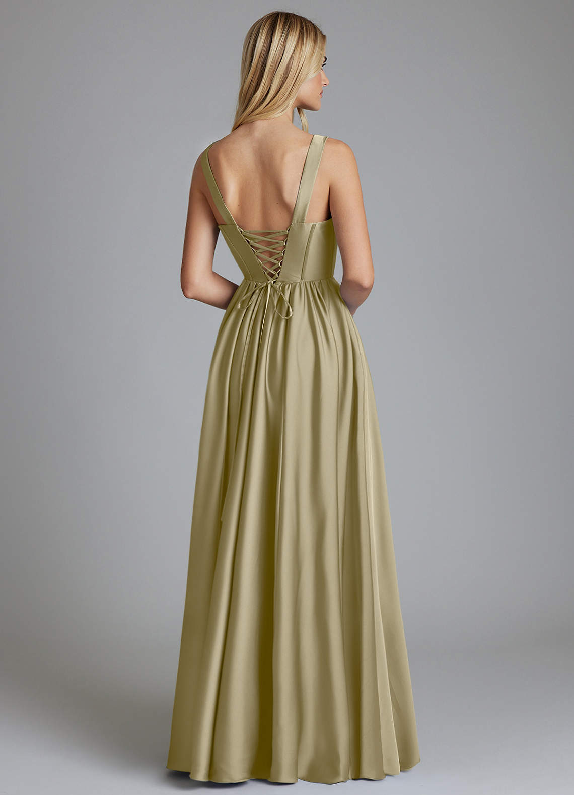 Delmie A-Line V-Neck Stretch Satin Bridesmaid Dress in Moss Green