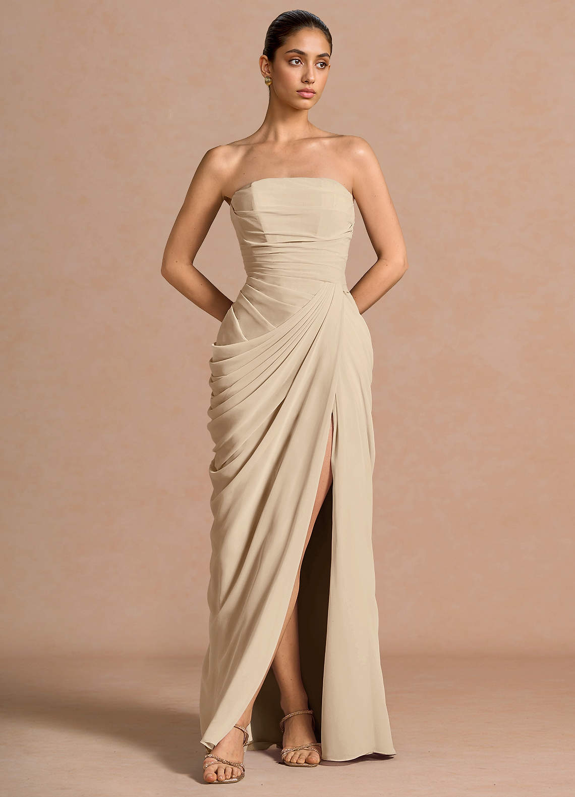 Kaavia Column Pleated Chiffon Maxi Evening Dress in Dusty Blue