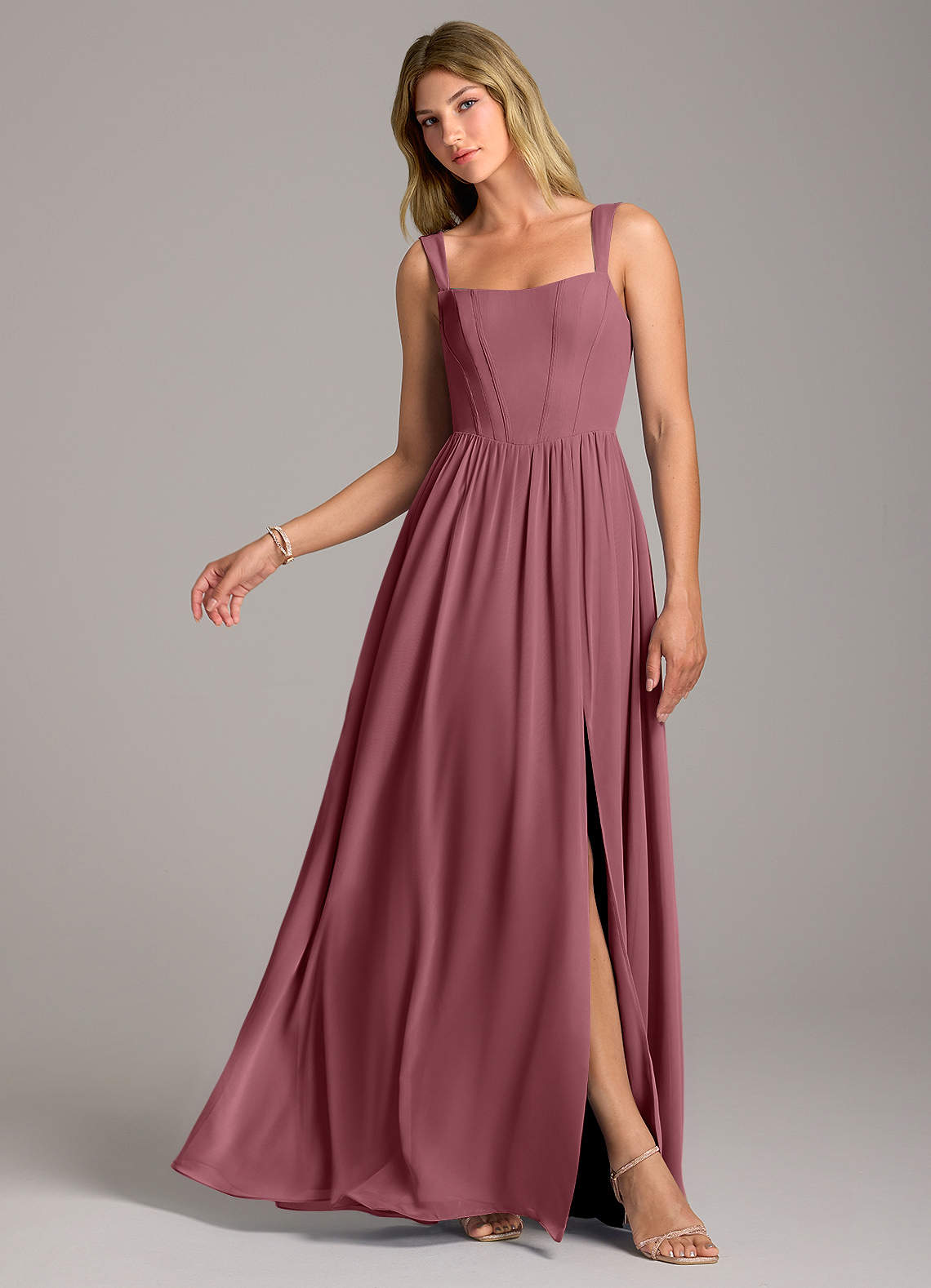Rosaline A-Line Square-Neck Chiffon Bridesmaid Dress in Desert Rose